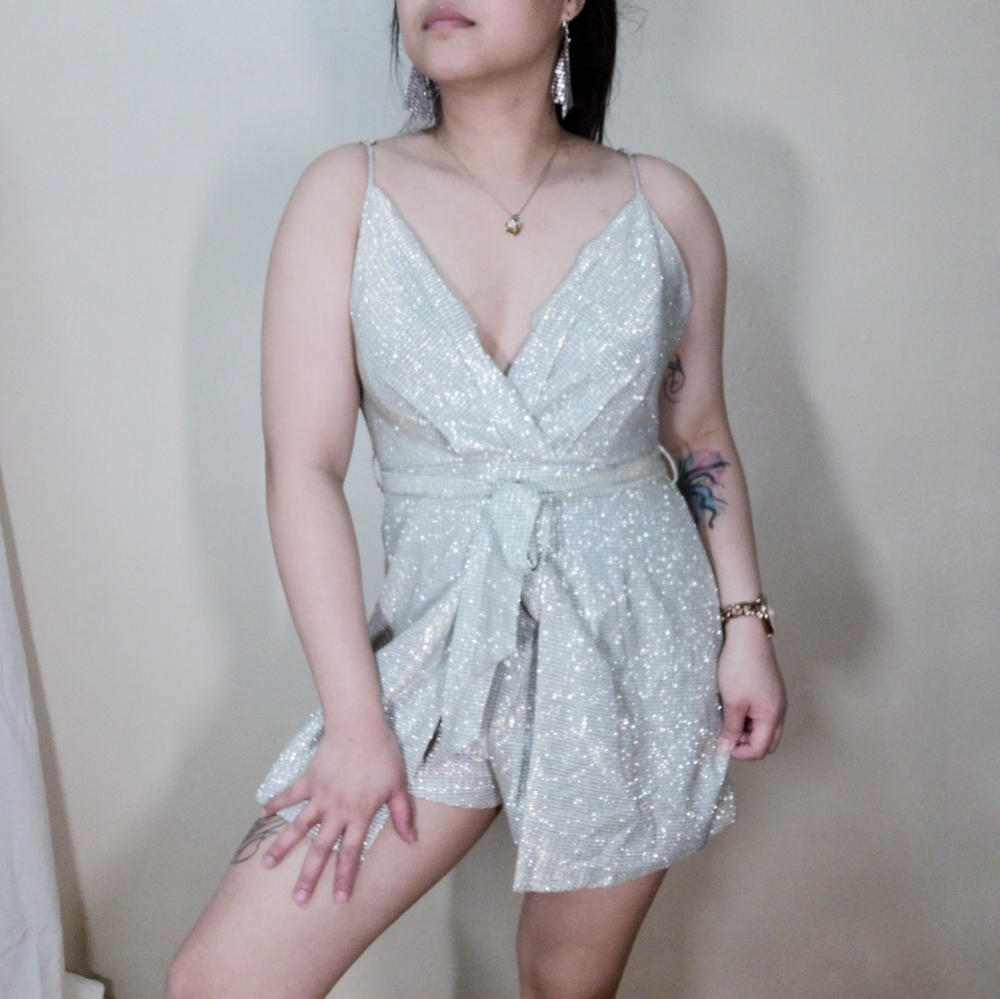 Luxxel Chelsea Sparkly Gold Glitter Party Romper Spaghetti Strap V Neckline